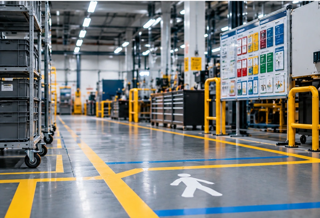 Modern industrial workplace with floor marking and visual management